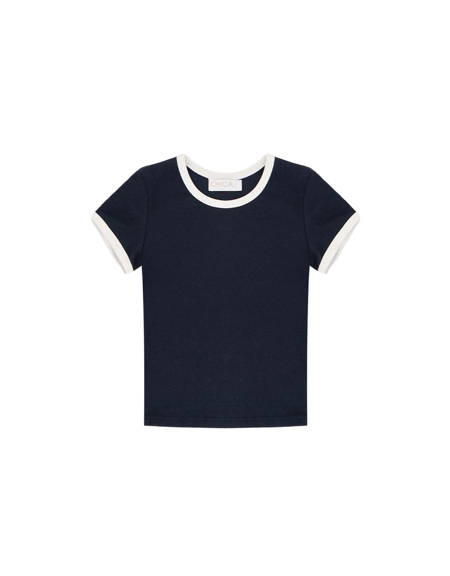 撞色滾邊圓領短袖短版上衣