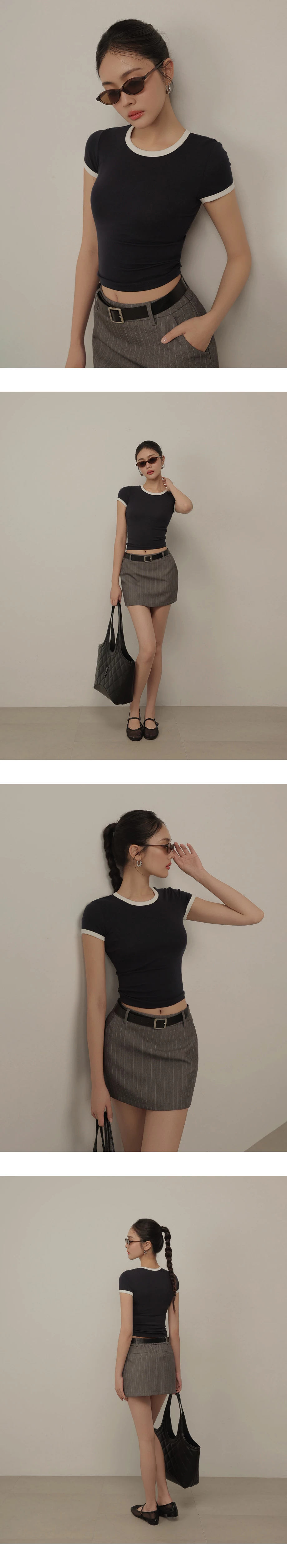 撞色滾邊圓領短袖短版上衣