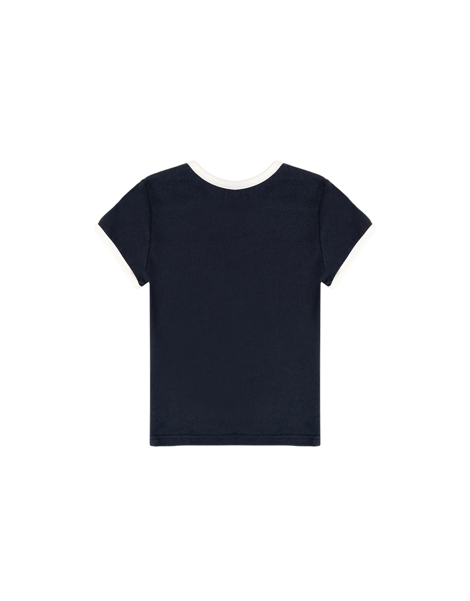 撞色滾邊圓領短袖短版上衣