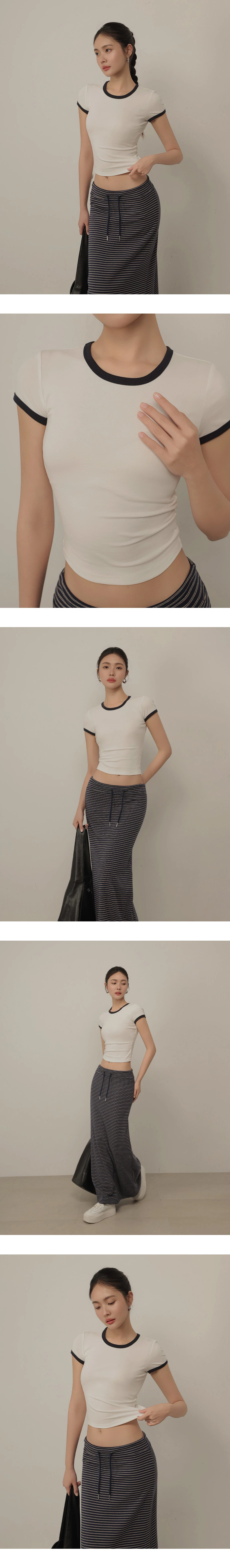 撞色滾邊圓領短袖短版上衣