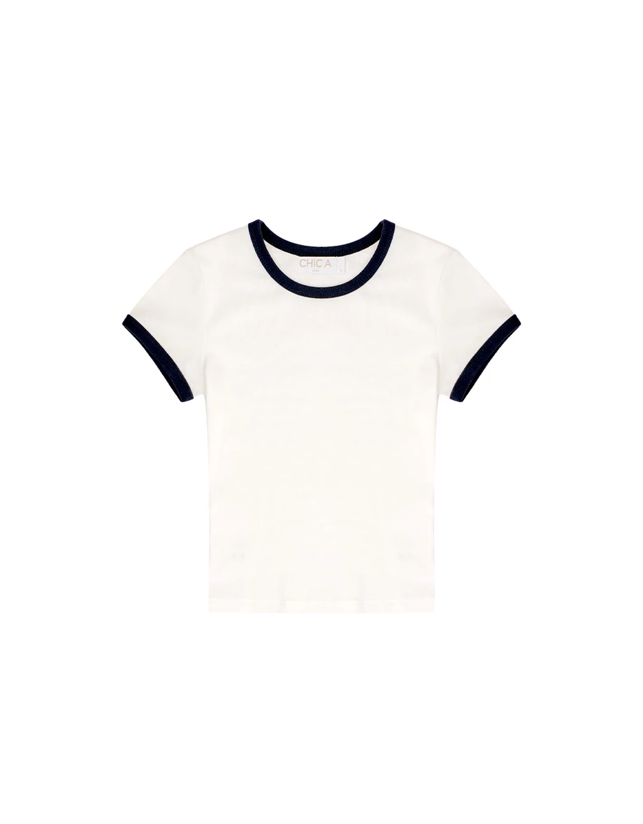 撞色滾邊圓領短袖短版上衣