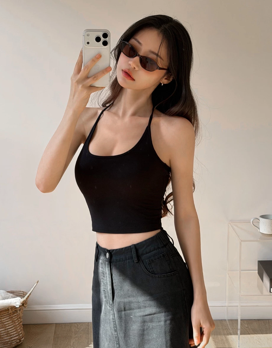 方領繞頸綁帶短版BRA背心