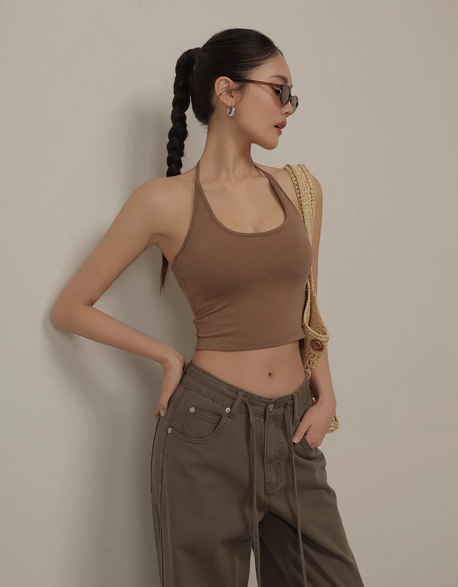 方領繞頸綁帶短版BRA背心