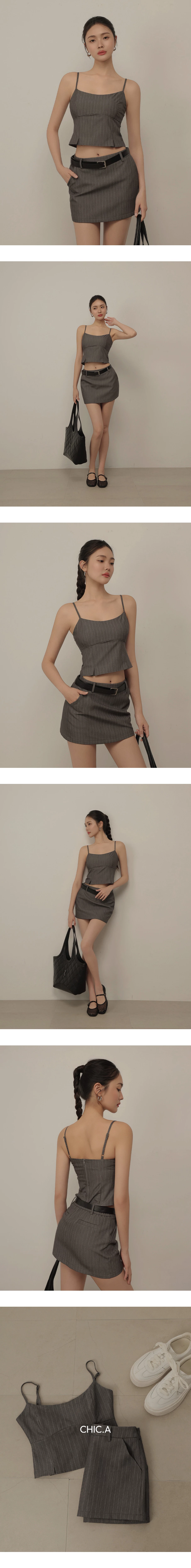 直條紋平口細肩帶下擺開衩背心上衣(附胸墊)