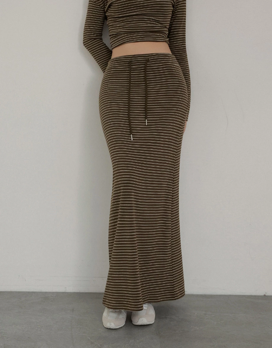 Adjustable Drawstring Waist Striped Straight Maxi Skirt
