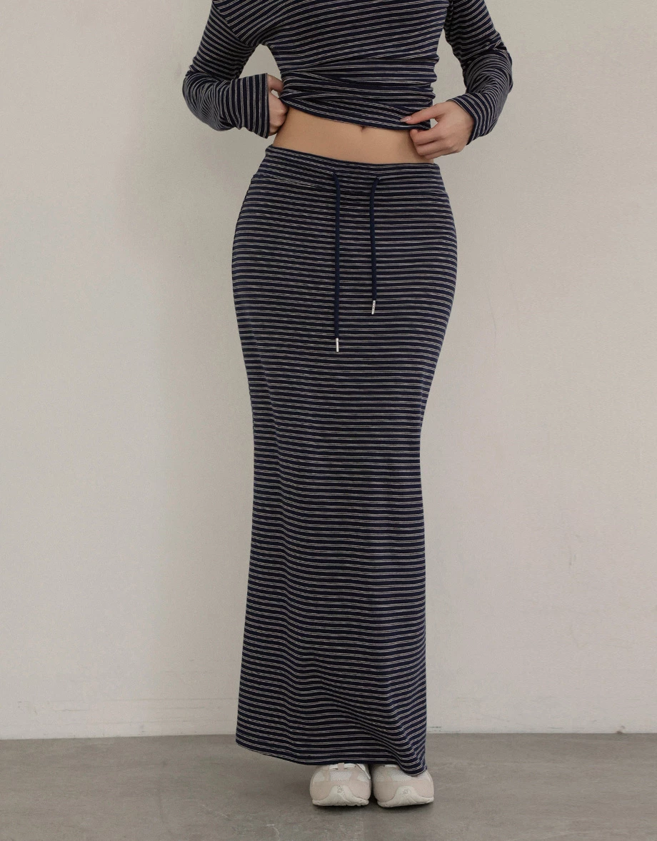 Adjustable Drawstring Waist Striped Straight Maxi Skirt