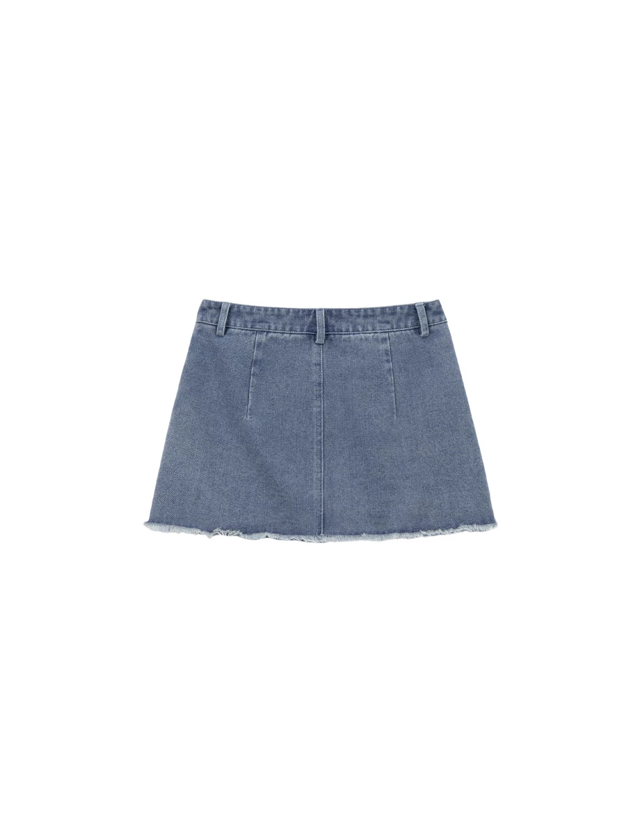 Low Rise Washed Denim Distressed Hem Mini Skirt