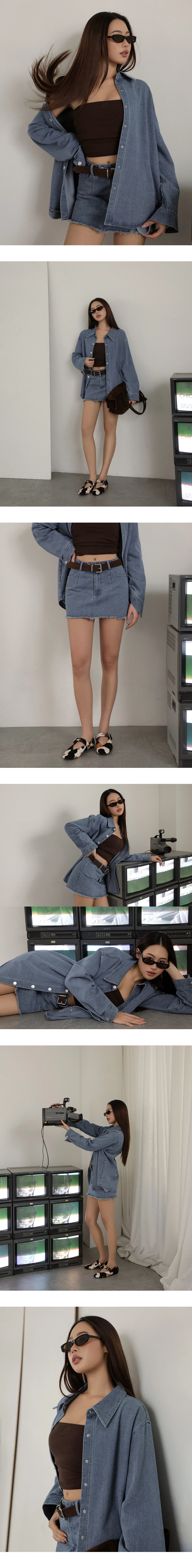 Low Rise Washed Denim Distressed Hem Mini Skirt