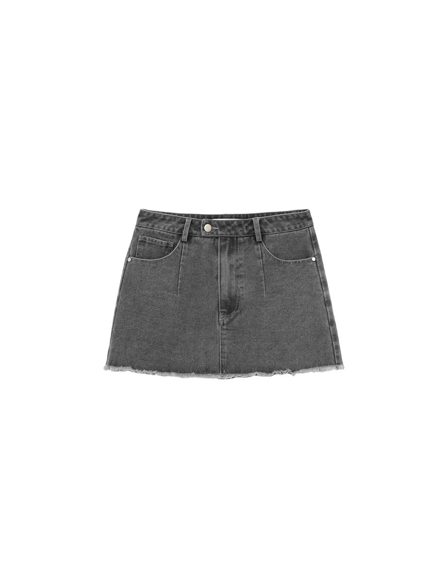 Low Rise Washed Denim Distressed Hem Mini Skirt Low Rise Washed Denim Distressed Hem Mini Skirt
