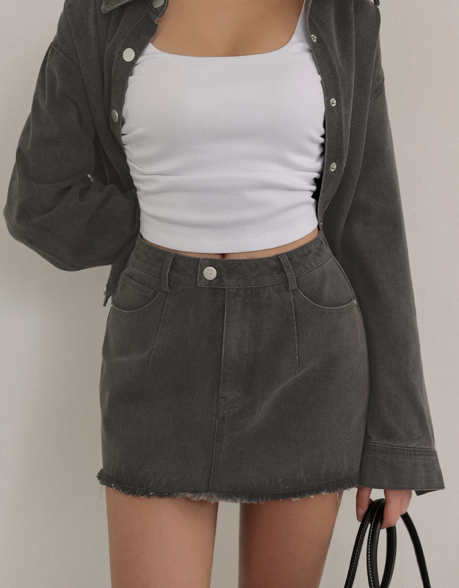 Low Rise Washed Denim Distressed Hem Mini Skirt