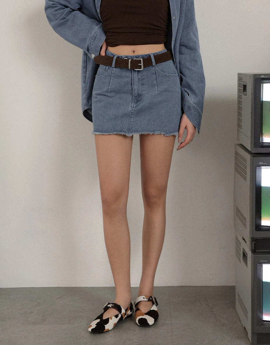 Low Rise Washed Denim Distressed Hem Mini Skirt