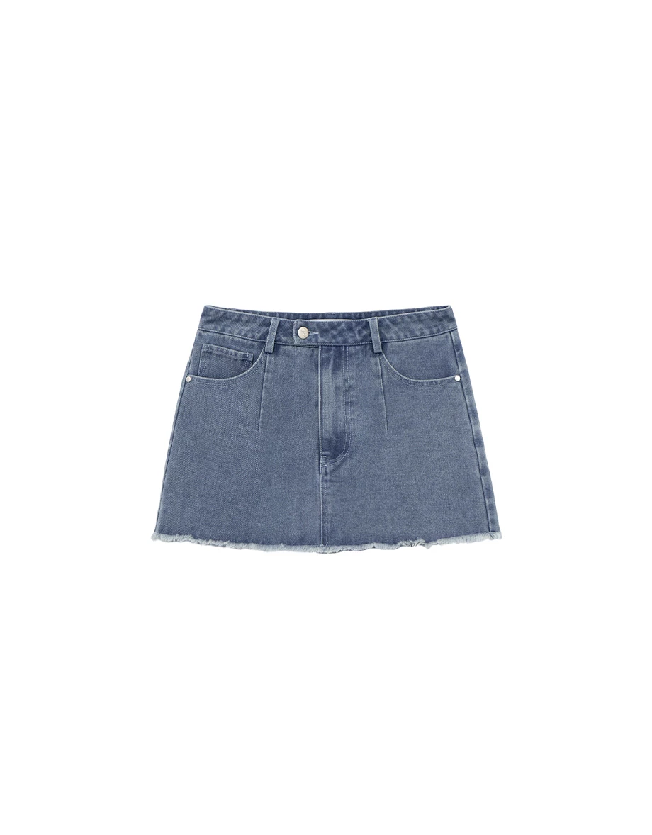 Low Rise Washed Denim Distressed Hem Mini Skirt