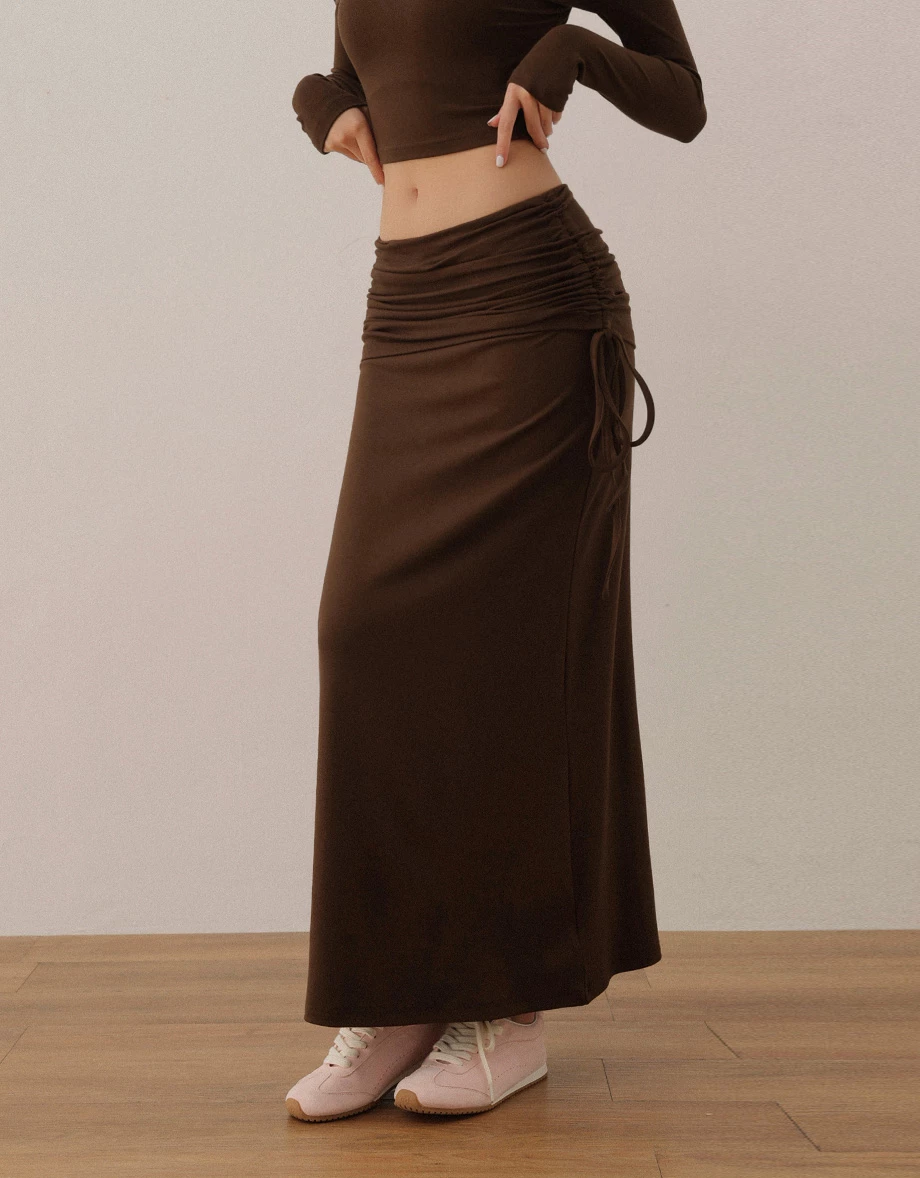 Fold Over Ruched Waist Side Drawstring Mermaid Maxi Skirt