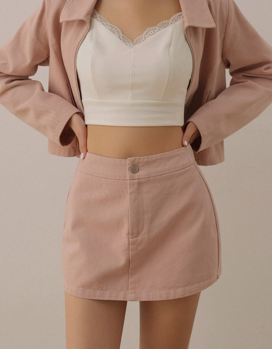 Washed Twill Mid Low Waist A Line Mini Skirt