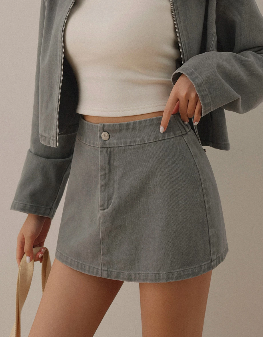 Washed Twill Mid Low Waist A Line Mini Skirt