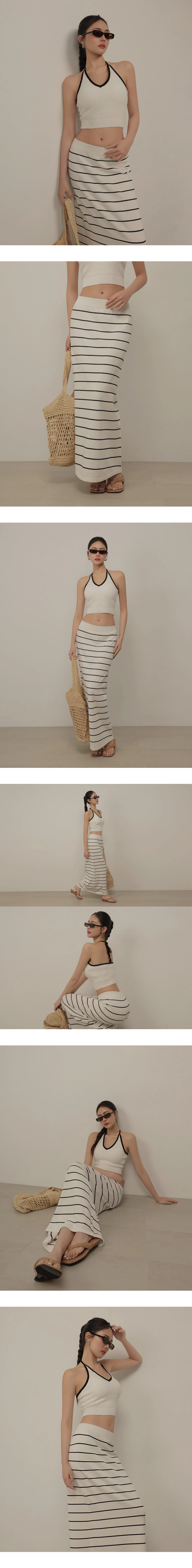 羅紋鬆緊腰撞色條紋直筒長裙