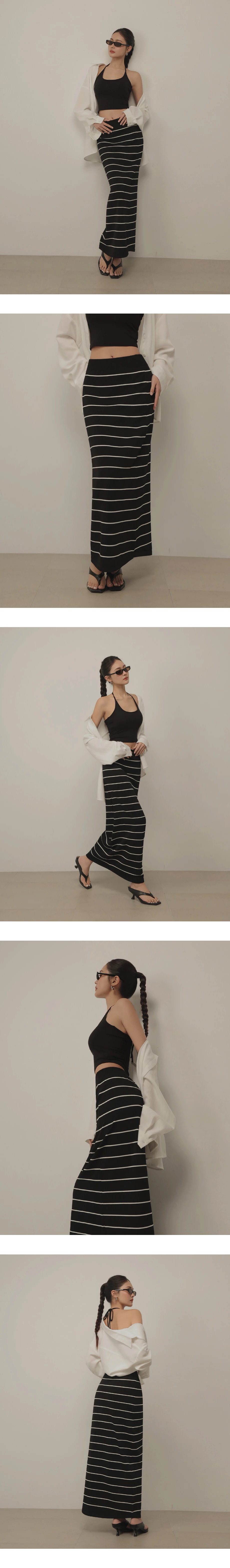 羅紋鬆緊腰撞色條紋直筒長裙