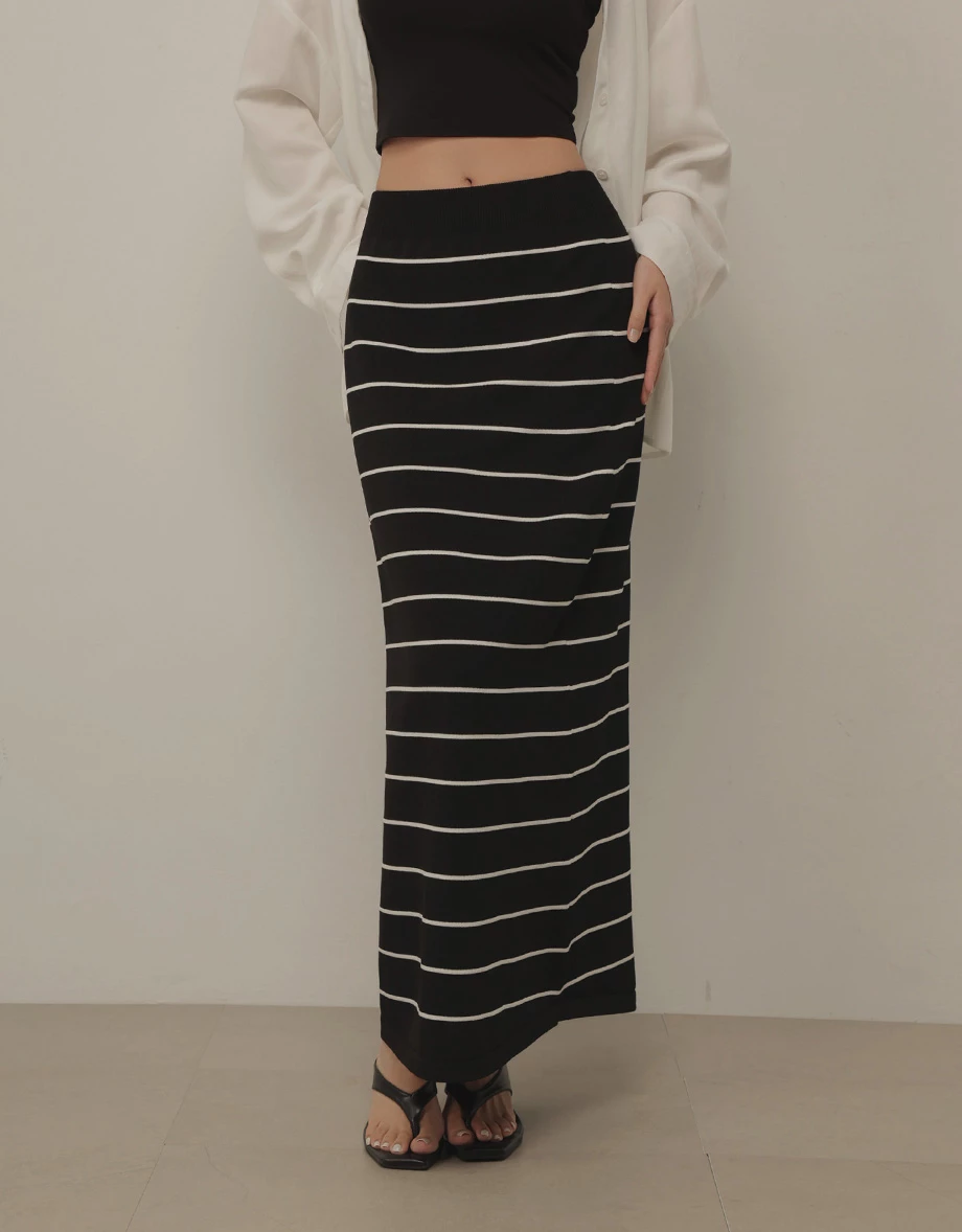 羅紋鬆緊腰撞色條紋直筒長裙