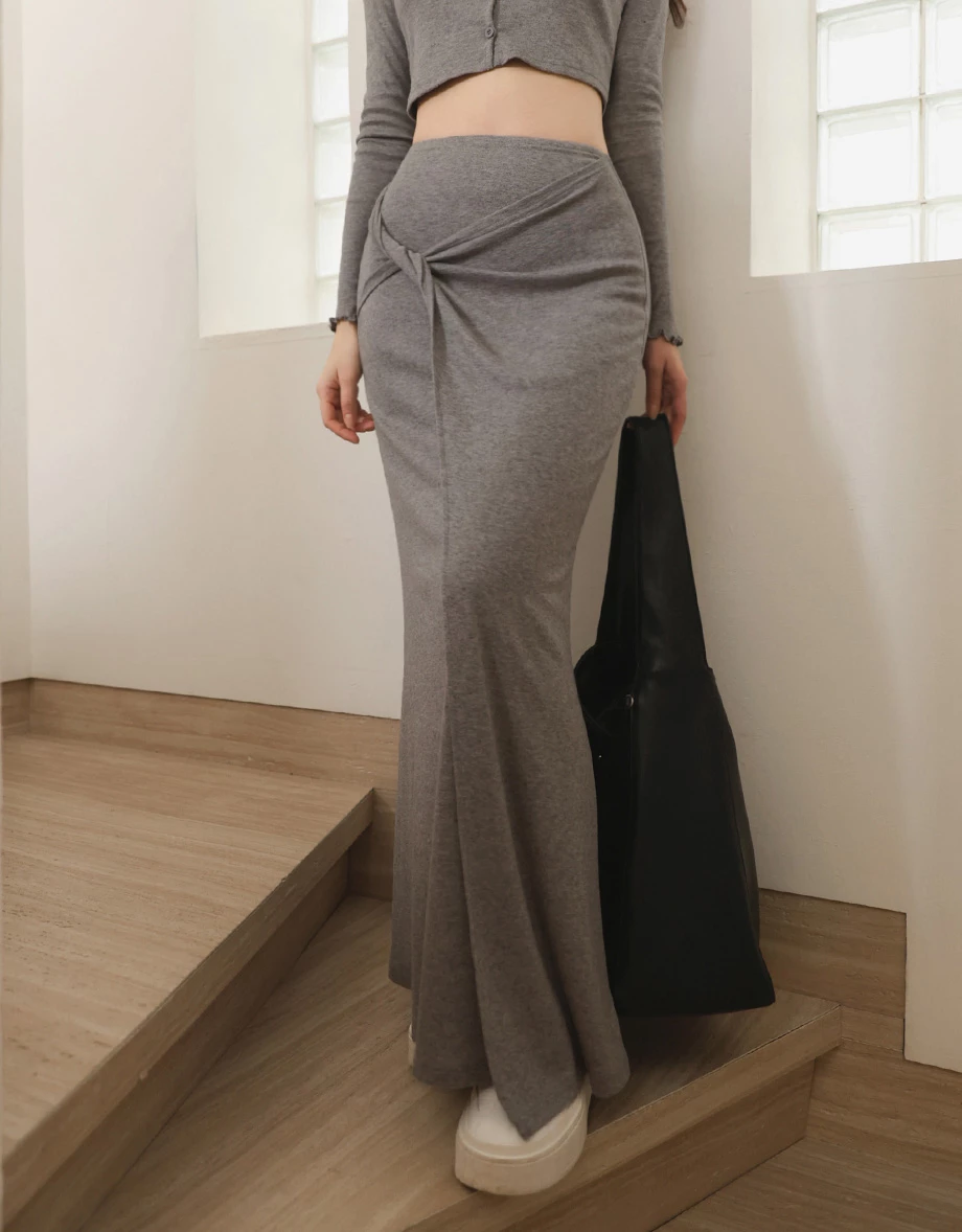 【奶油柔感棉】扭結設計魚尾長裙