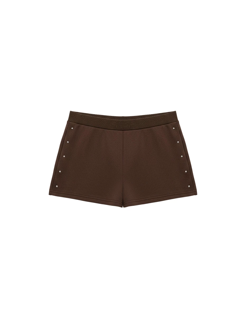 Studded Trim Low Rise Elastic Waist Shorts