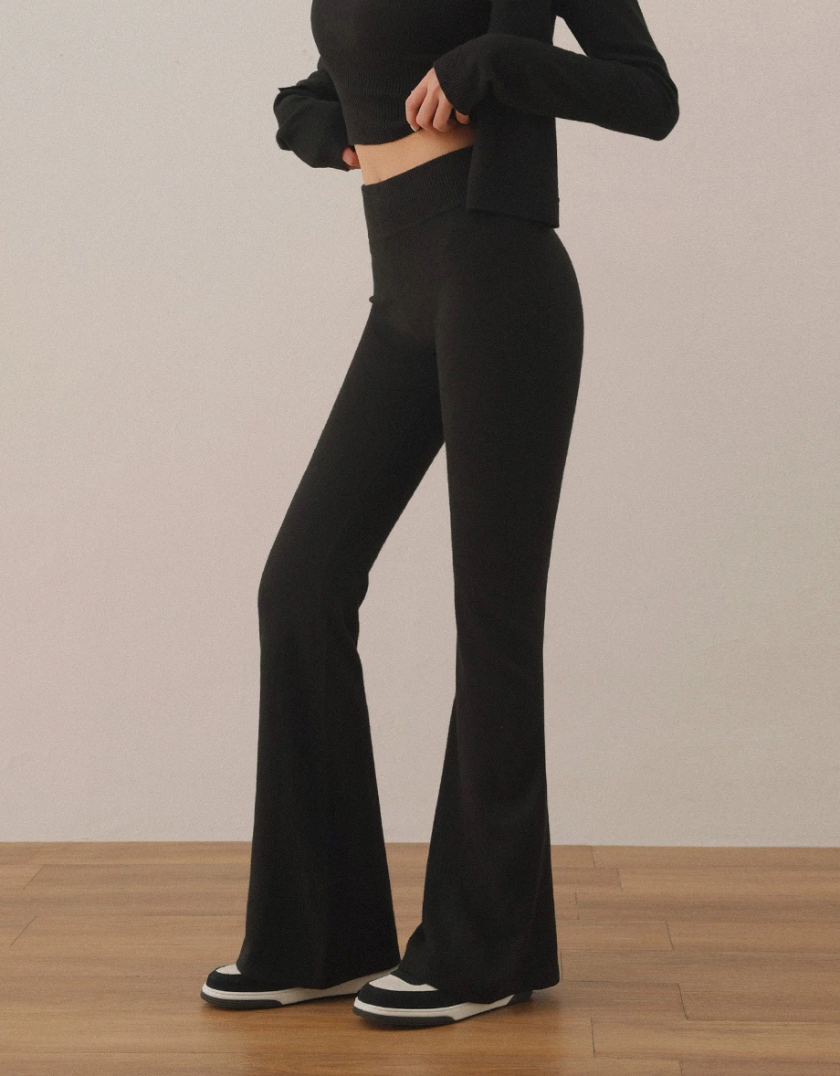 Stretch Mid Low Rise Ribbed Patchwork Slim Flare Pants