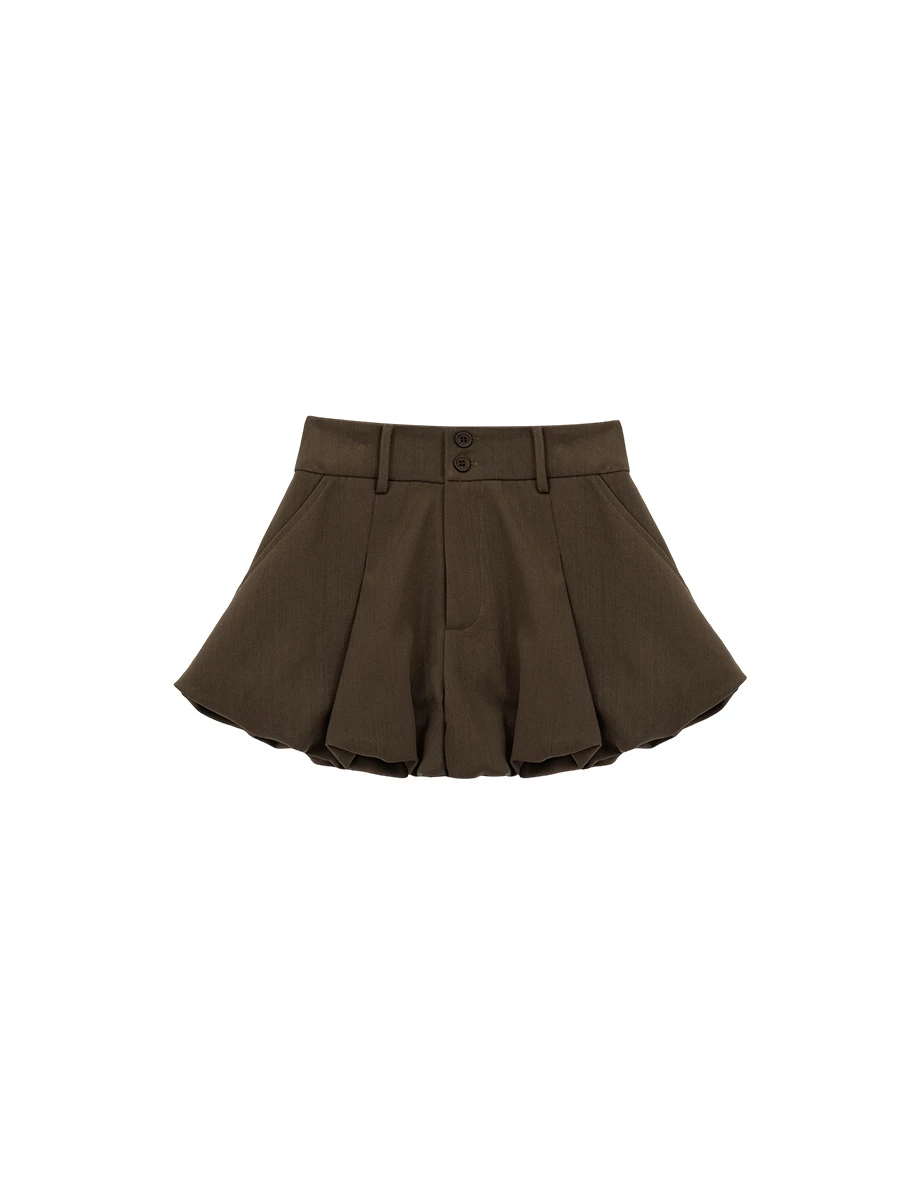 High Waist Double Button Bubble Hem Pleated Shorts