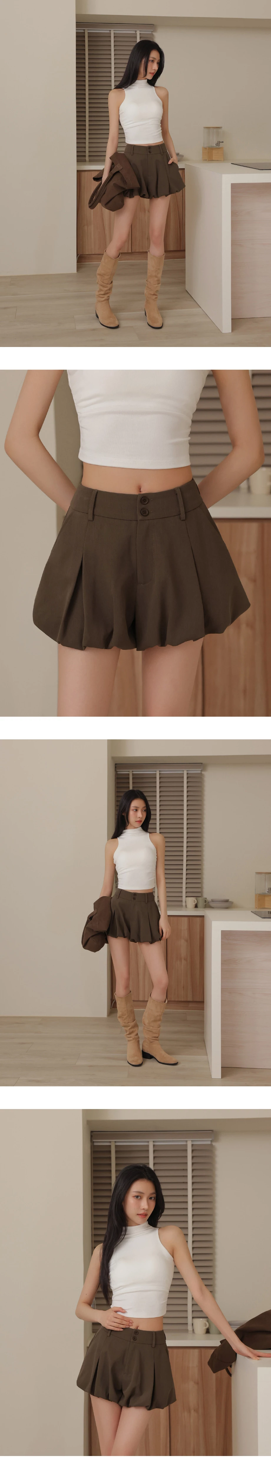 高腰雙扣打褶花苞西裝短褲