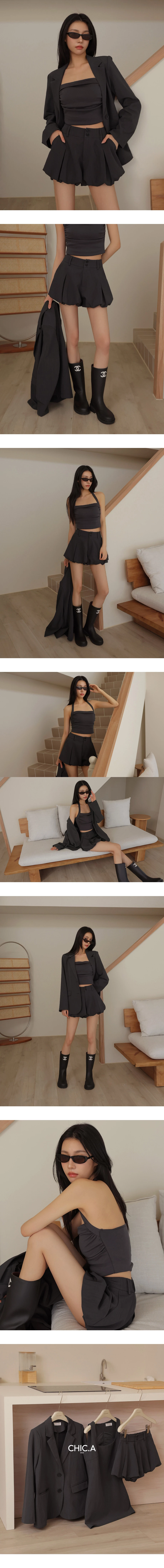 高腰雙扣打褶花苞西裝短褲