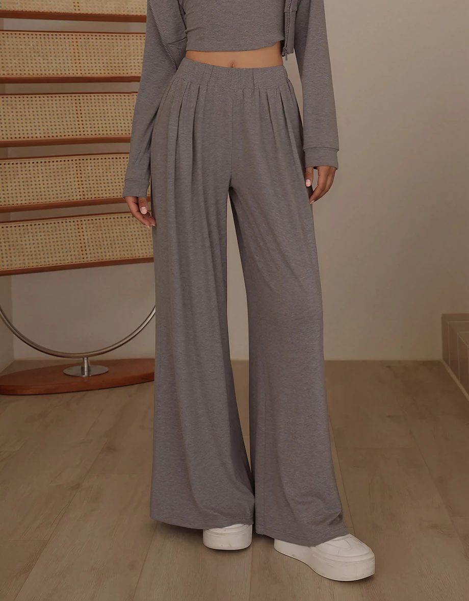 Elastic Mid Low Waist Pleated Flowy Wide Leg Pants Elastic Mid Low Waist Pleated Flowy Wide Leg Pants