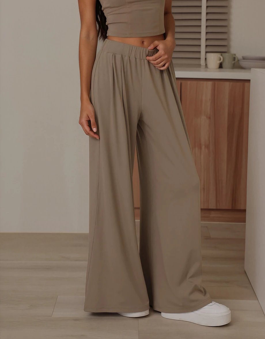 Elastic Mid Low Waist Pleated Flowy Wide Leg Pants Elastic Mid Low Waist Pleated Flowy Wide Leg Pants