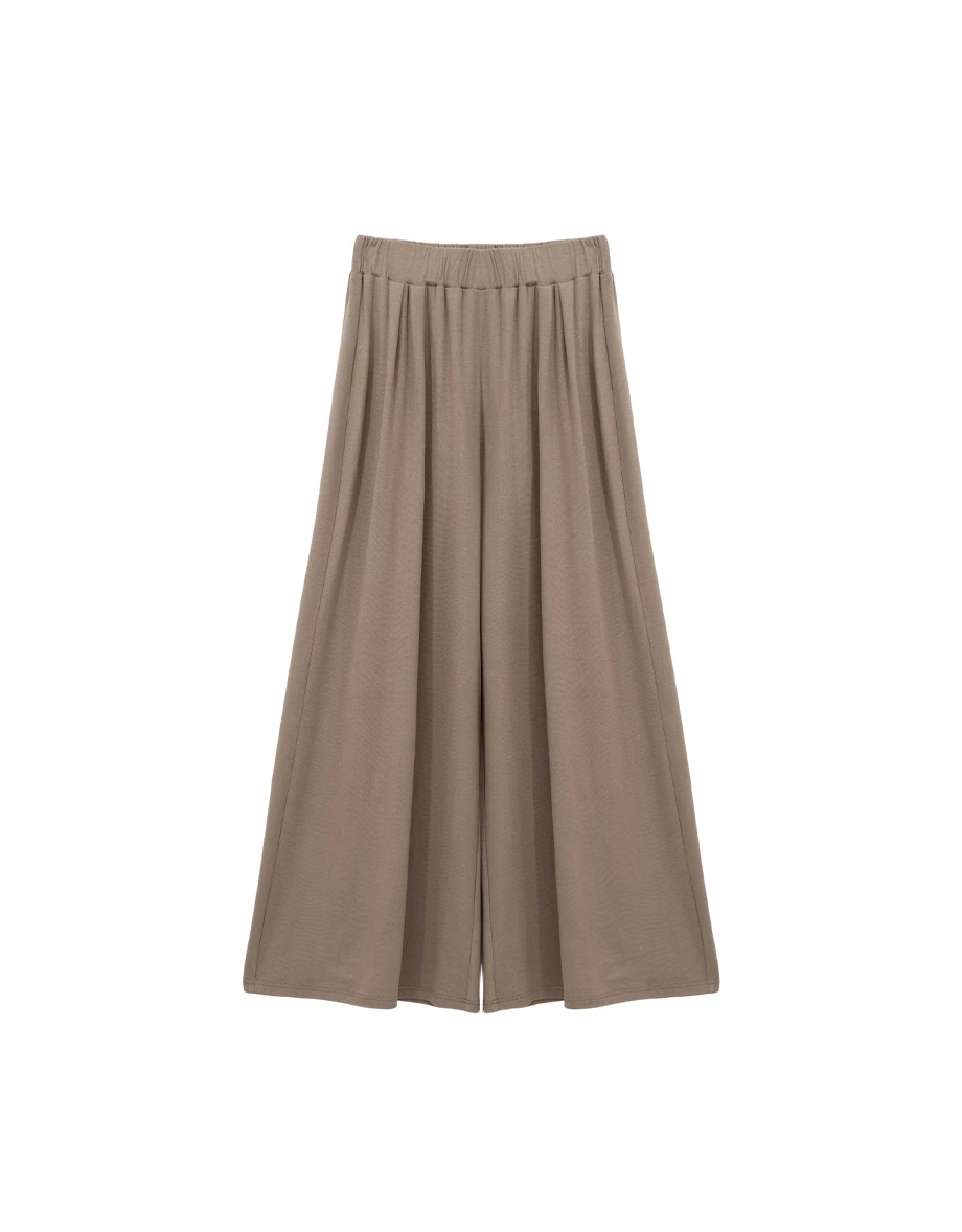 Elastic Mid Low Waist Pleated Flowy Wide Leg Pants
