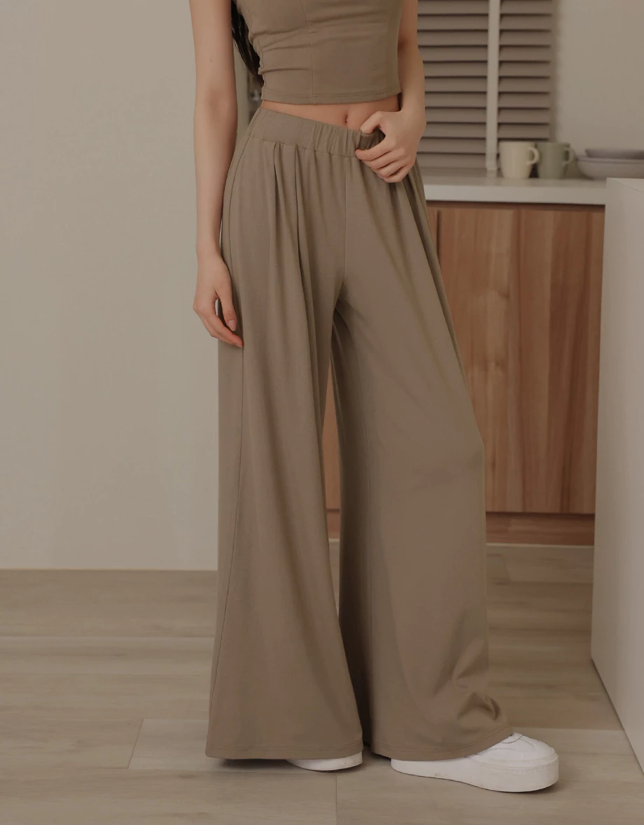 Elastic Mid Low Waist Pleated Flowy Wide Leg Pants