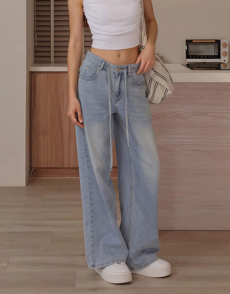 Adjustable Mid Waist Drawstring Wide Leg Jeans Denim Pants