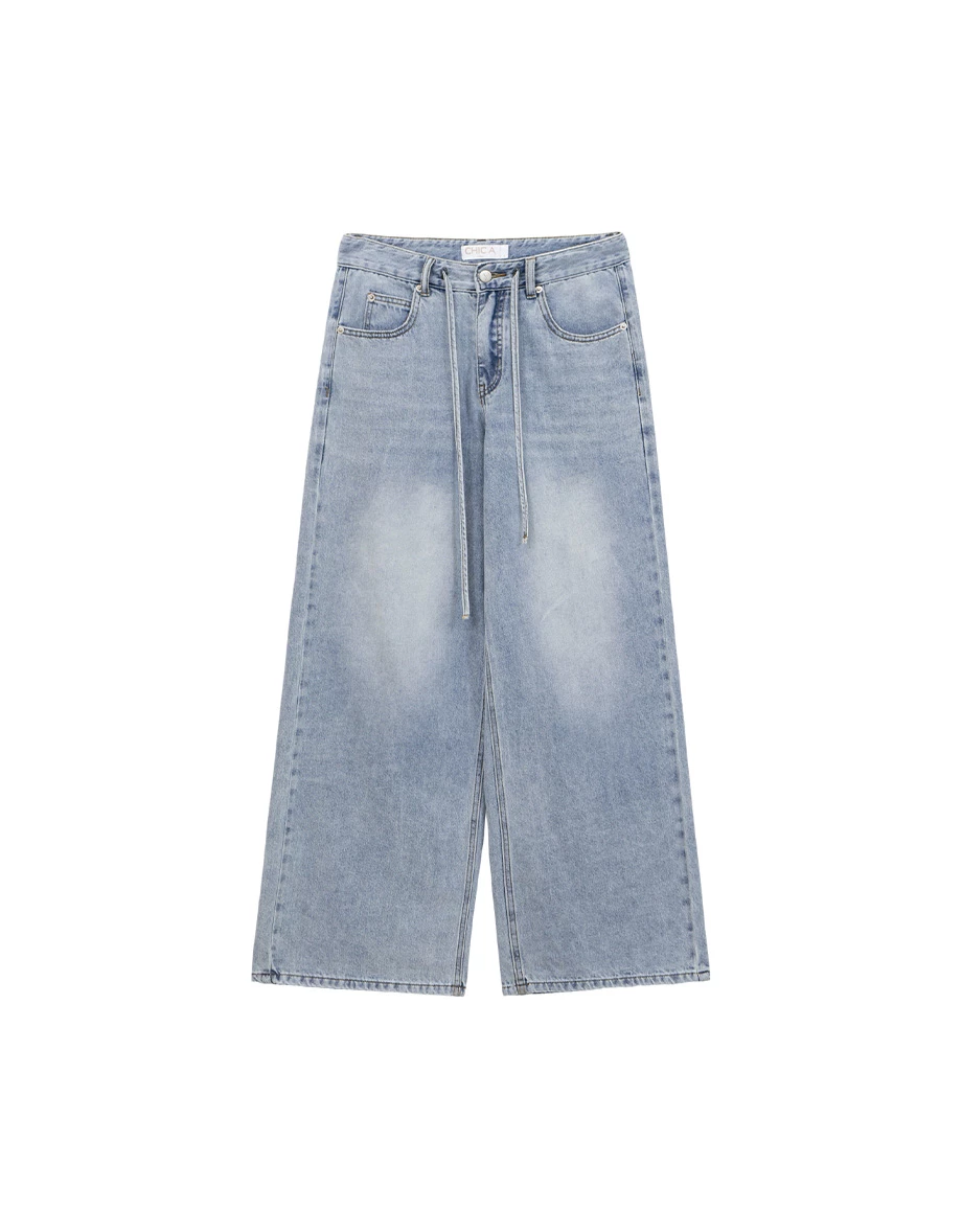 中腰抽繩設計水洗牛仔寬褲