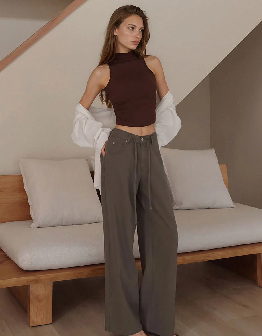 Adjustable Mid Waist Drawstring Wide Leg Jeans Denim Pants