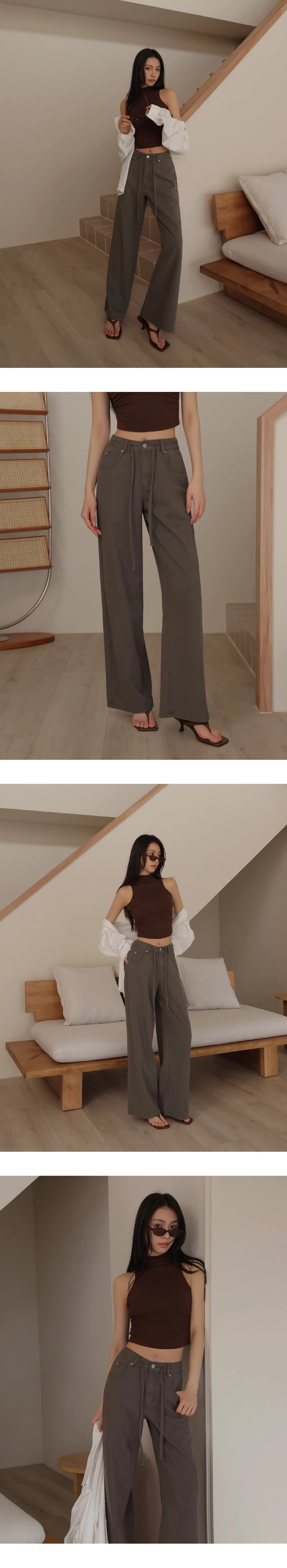 中腰抽繩設計水洗牛仔寬褲