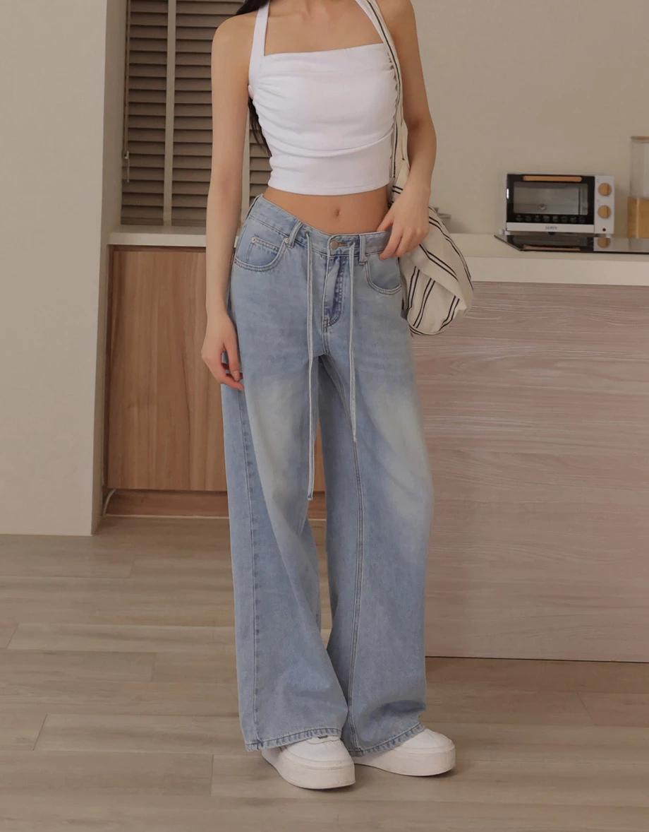 中腰抽繩設計水洗牛仔寬褲