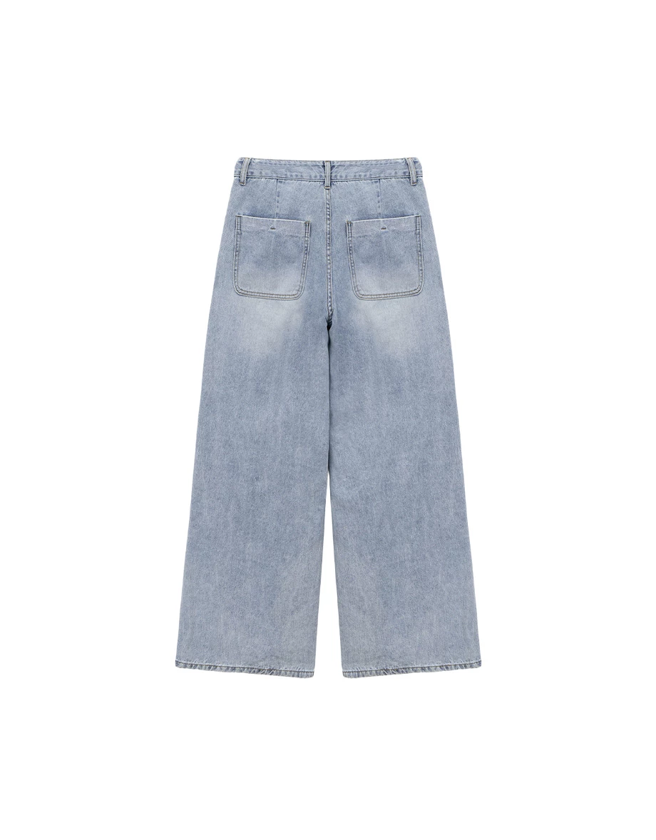 中腰抽繩設計水洗牛仔寬褲