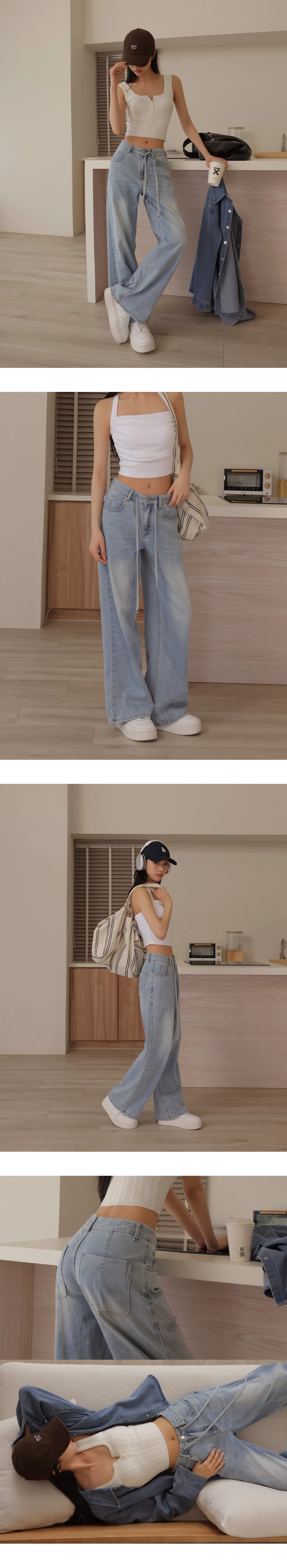 中腰抽繩設計水洗牛仔寬褲