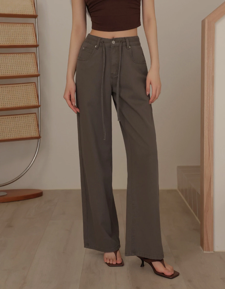 中腰抽繩設計水洗牛仔寬褲