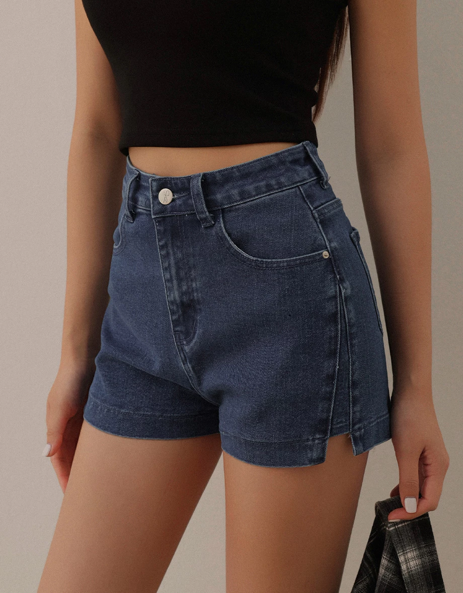 Subtle Side Slit Detail High Waist Jeans Denim Shorts