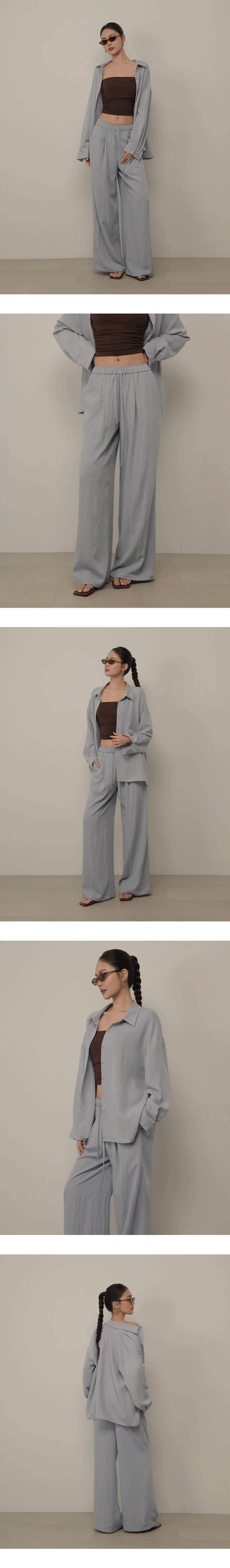 鬆緊腰抽繩打褶斜紋休閒寬褲