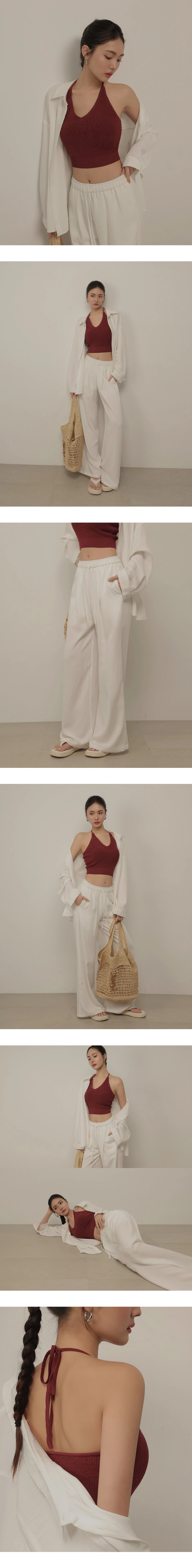 鬆緊腰抽繩打褶斜紋休閒寬褲