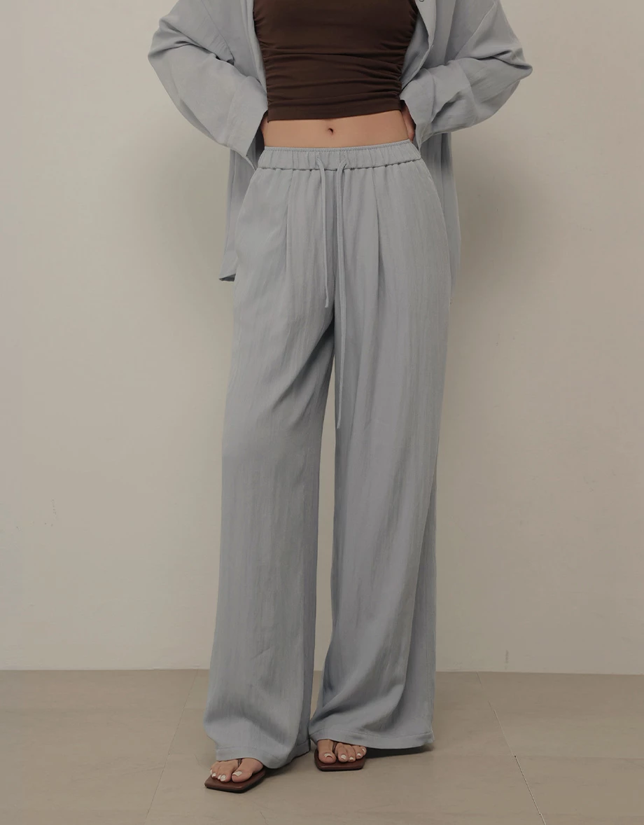 鬆緊腰抽繩打褶斜紋休閒寬褲