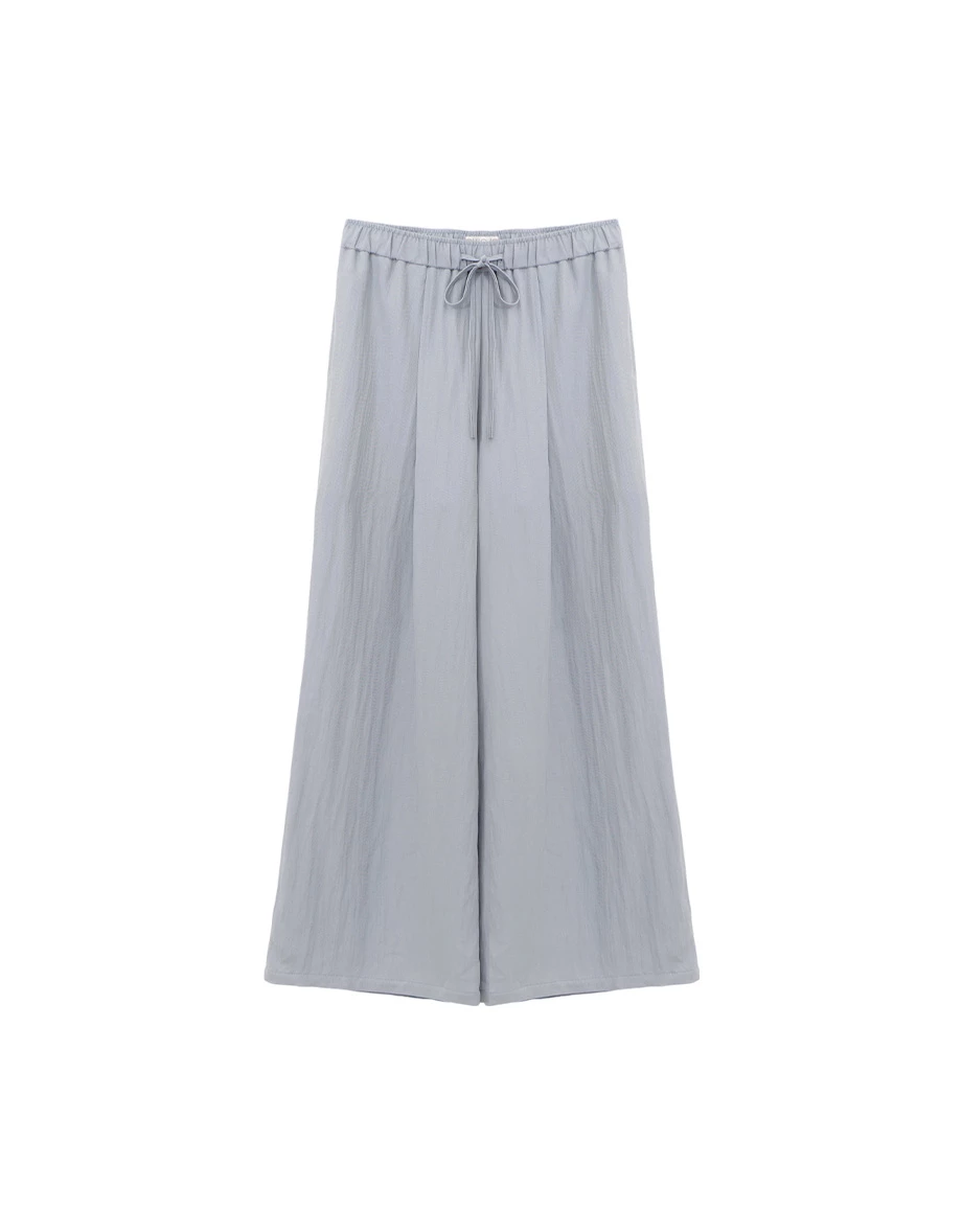 鬆緊腰抽繩打褶斜紋休閒寬褲