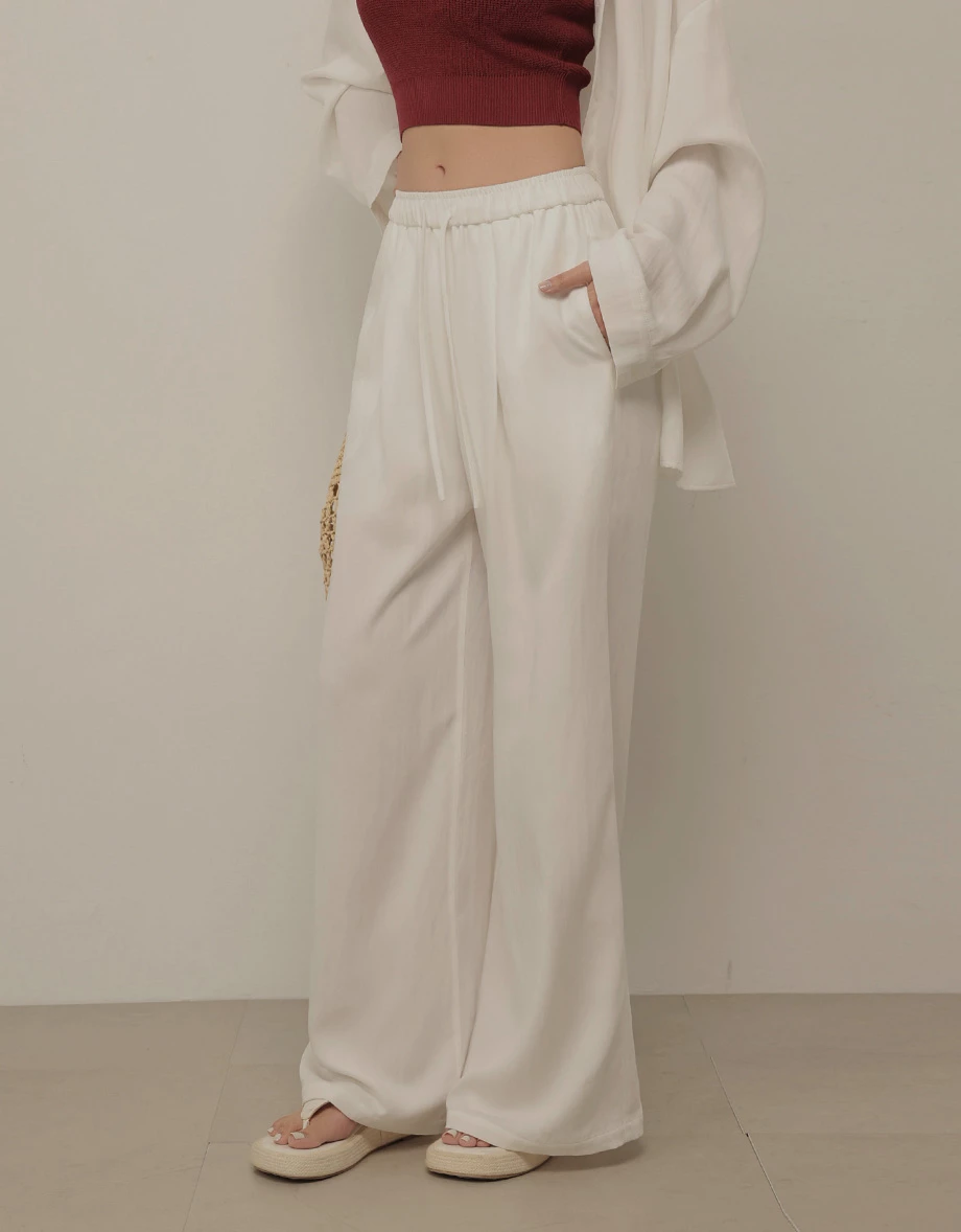 鬆緊腰抽繩打褶斜紋休閒寬褲