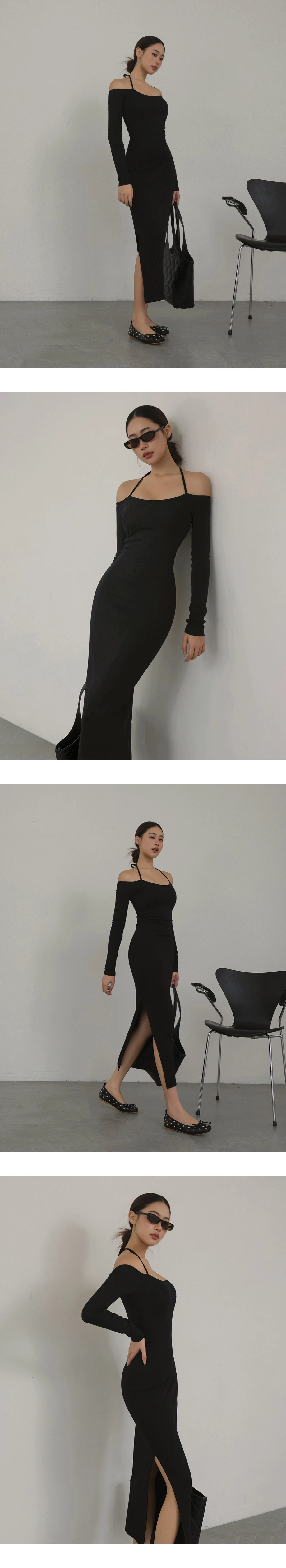 2 WAY一字領綁帶側抓皺開衩長袖BRA長洋裝 2 WAY一字領綁帶側抓皺開衩長袖BRA長洋裝