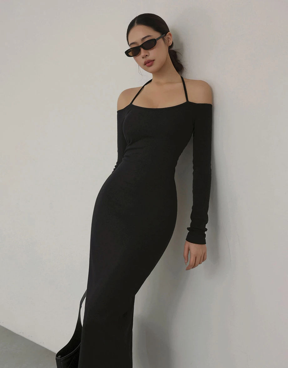 2 WAY一字領綁帶側抓皺開衩長袖BRA長洋裝