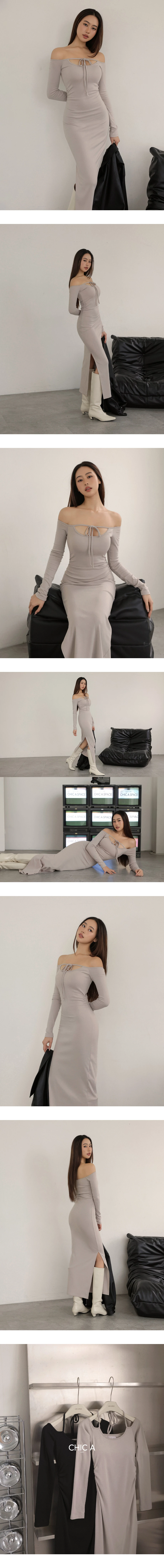 2 WAY一字領綁帶側抓皺開衩長袖BRA長洋裝 2 WAY一字領綁帶側抓皺開衩長袖BRA長洋裝