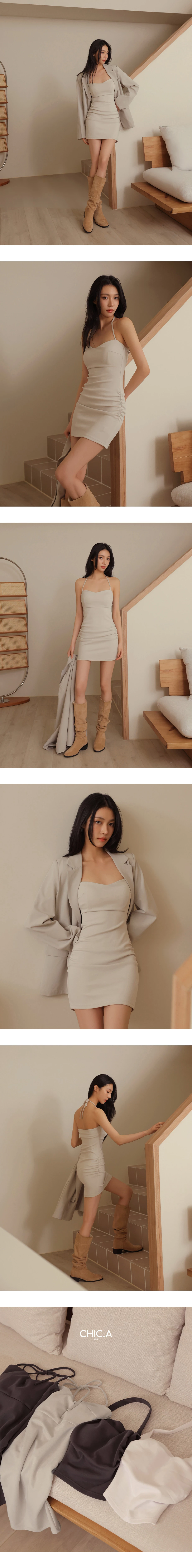 【雲挺曼巴棉】桃心領繞頸綁帶側抓皺合身BRA背心短洋裝